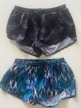 2 Pairs Old Navy Dolphin Hem Running Shorts EUC Camo And Print Gray + Blue S